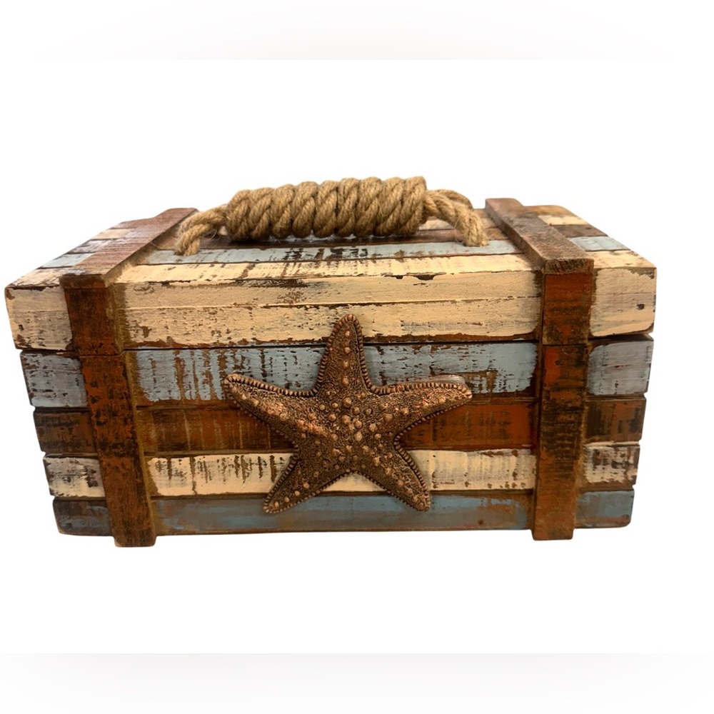 Rustic Nautical Handmade Wooden Box with Starfish Accent Distressed